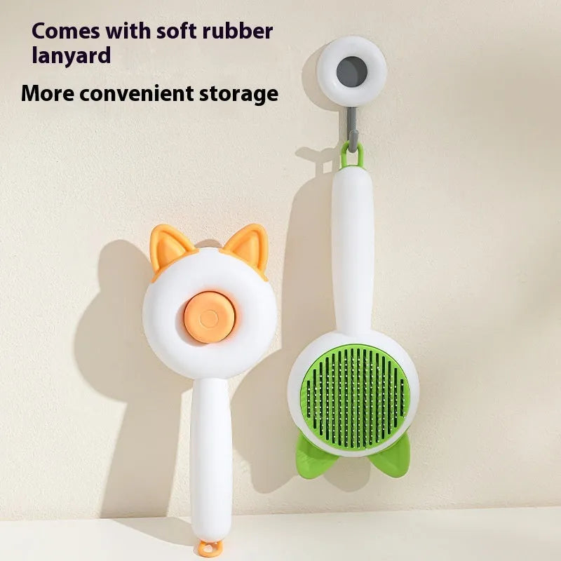 Self-cleaning pet grooming brush with stainless steel teeth and TPR massage nodules in greenish white colour