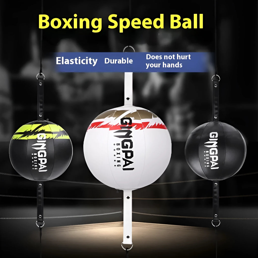 Black hanging PU speed ball for boxing and reaction training equipment.