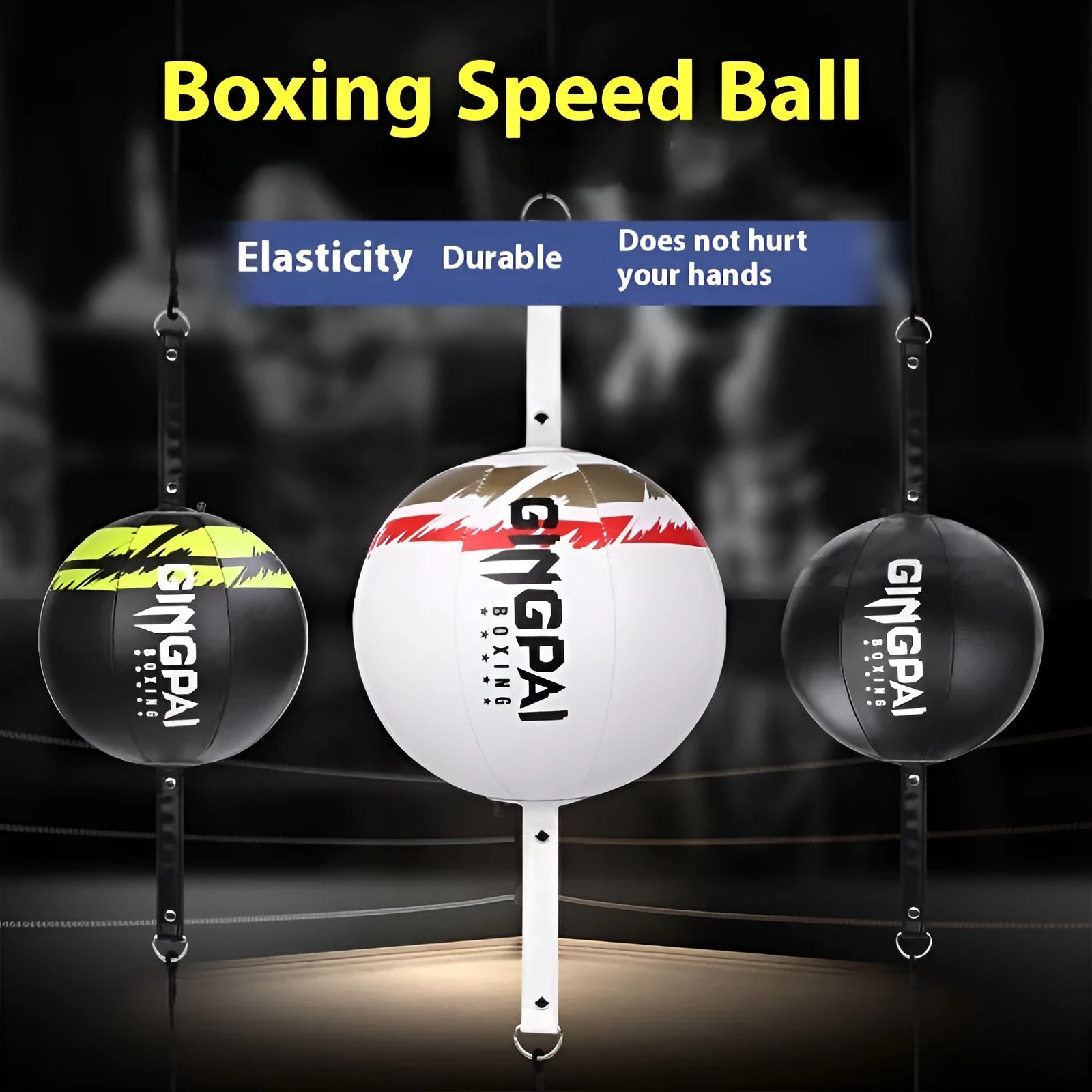 Black hanging PU speed ball for boxing and reaction training equipment.