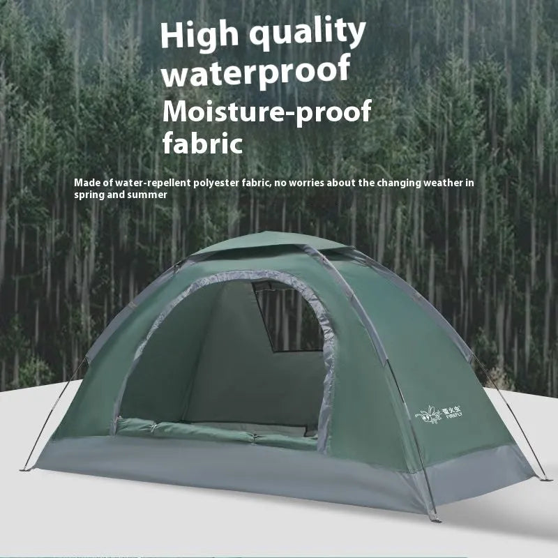 Single person pop-up camping tent in Army Green, shown both erected and packed in its carry bag.