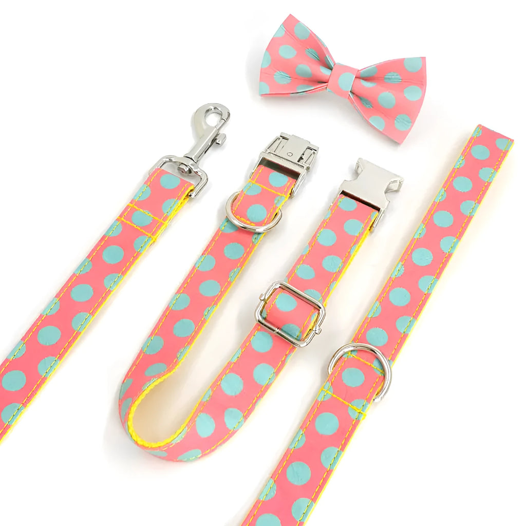Yellow polka dot dog collar and matching lead set with adjustable sizing