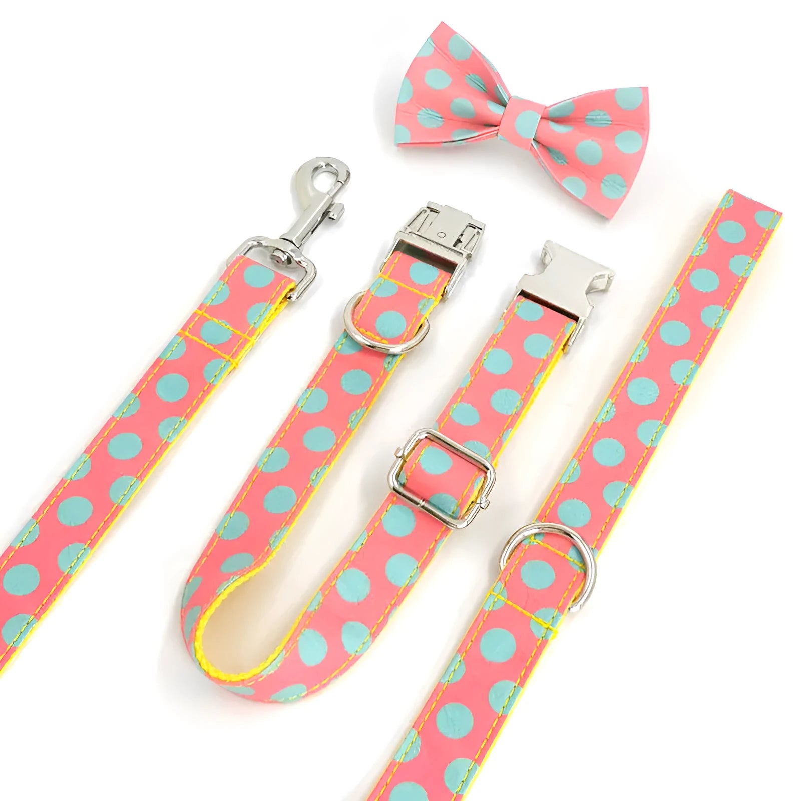 Yellow polka dot dog collar and matching lead set with adjustable sizing