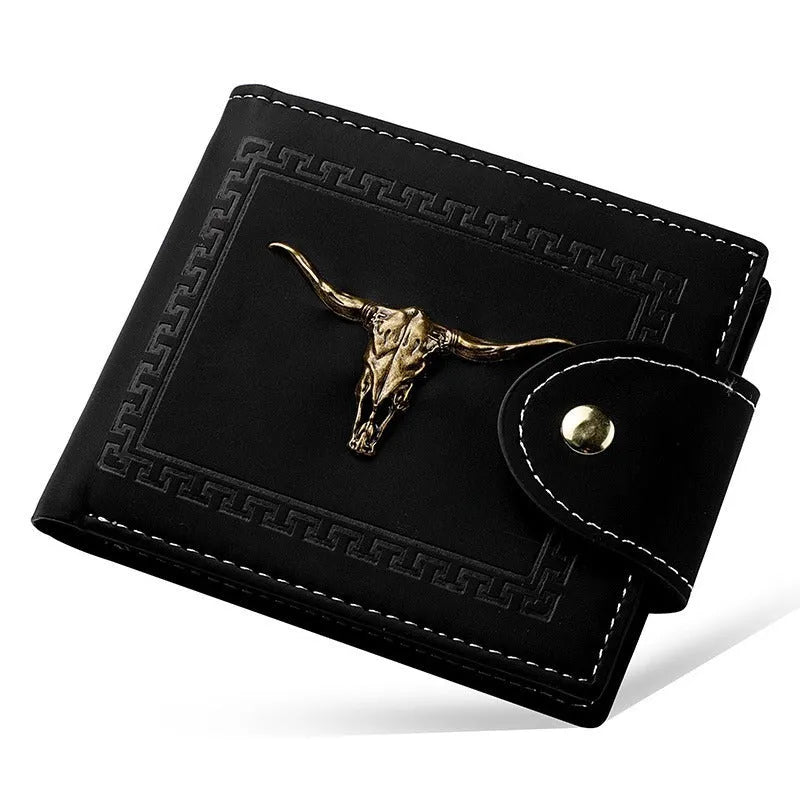Black men's wallet with animal print pattern showing multiple card slots and zipper closure