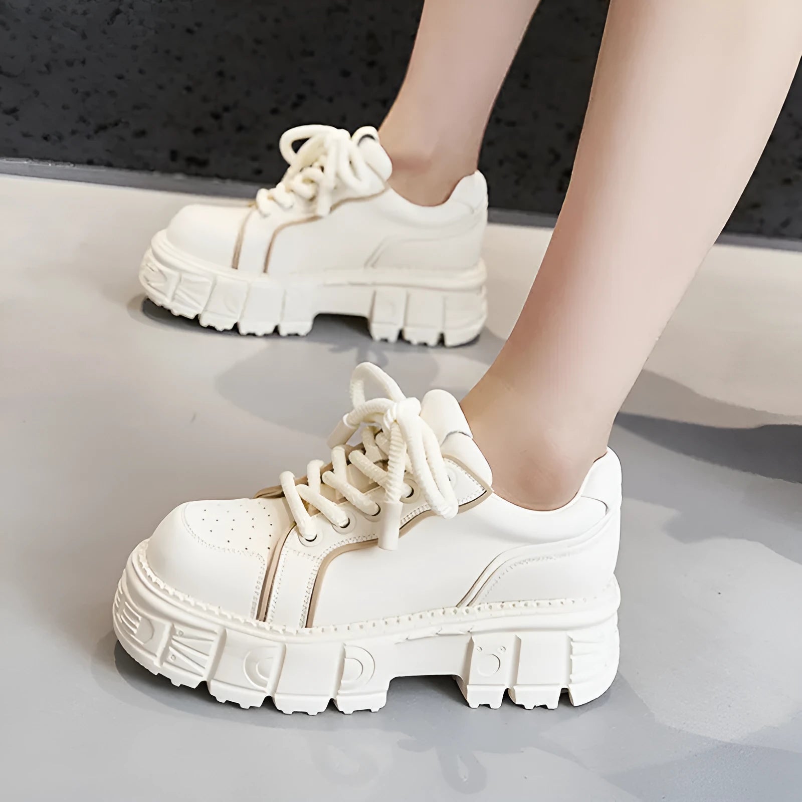 Spring muffin bottom casual leather shoes in beige and pink with height increasing sole