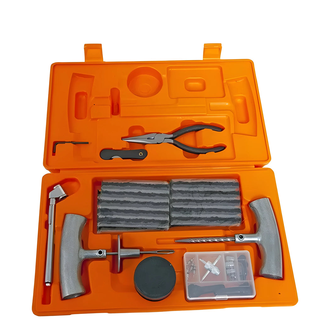 Speedy Seal emergency car tyre repair tool kit with rubber strip plugs, gauge, and tools in a yellow case.