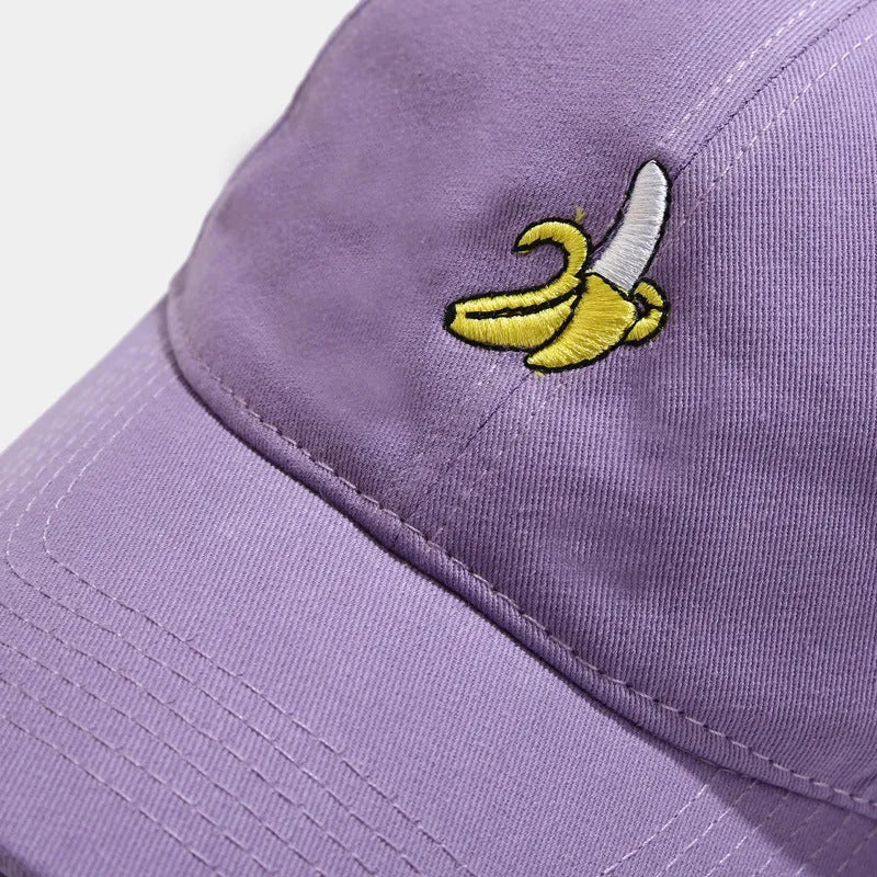 Banana embroidery adjustable baseball cap in peacock blue with curved brim and dome crown