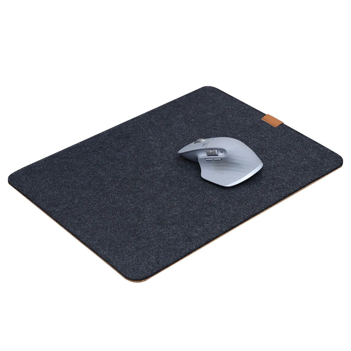 Oversized winter warm desk mat with felt and cork construction on wooden desk