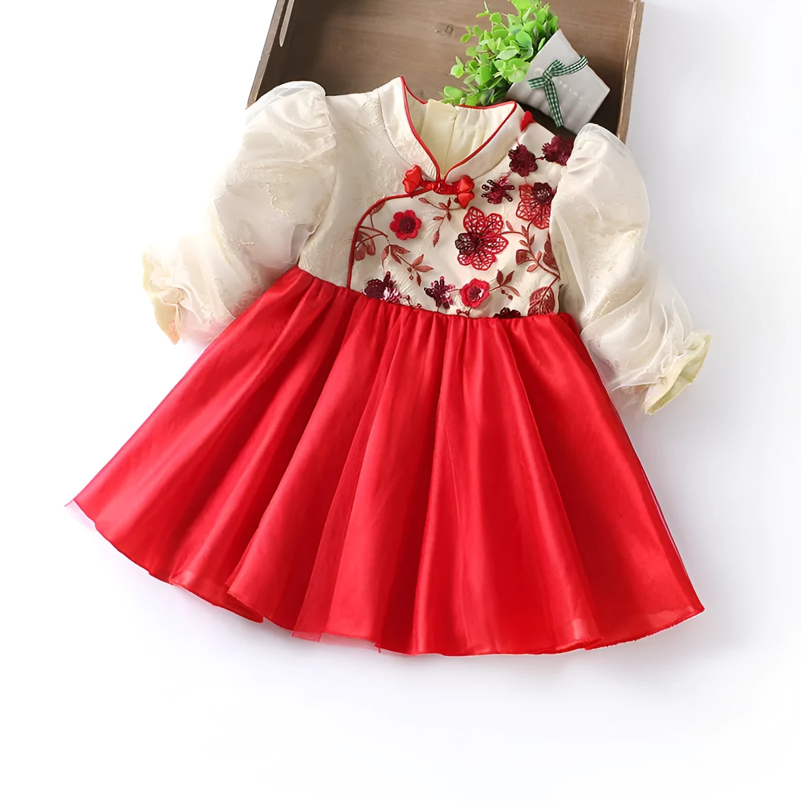Girls' red flower print dress, chemical fibre blend, suitable height 73-95CM, spring autumn design