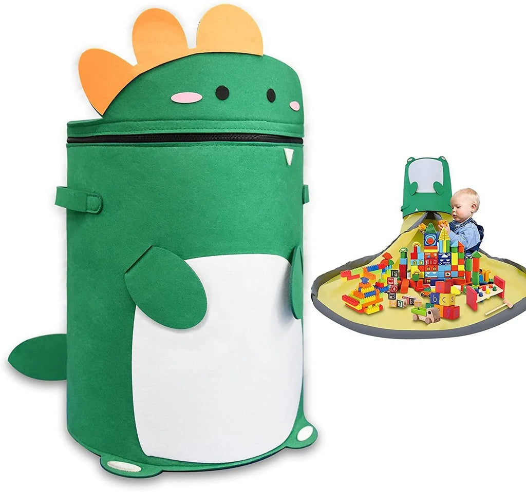 Green felt storage bag shown as both a flat play mat and gathered cube with pull rope closure