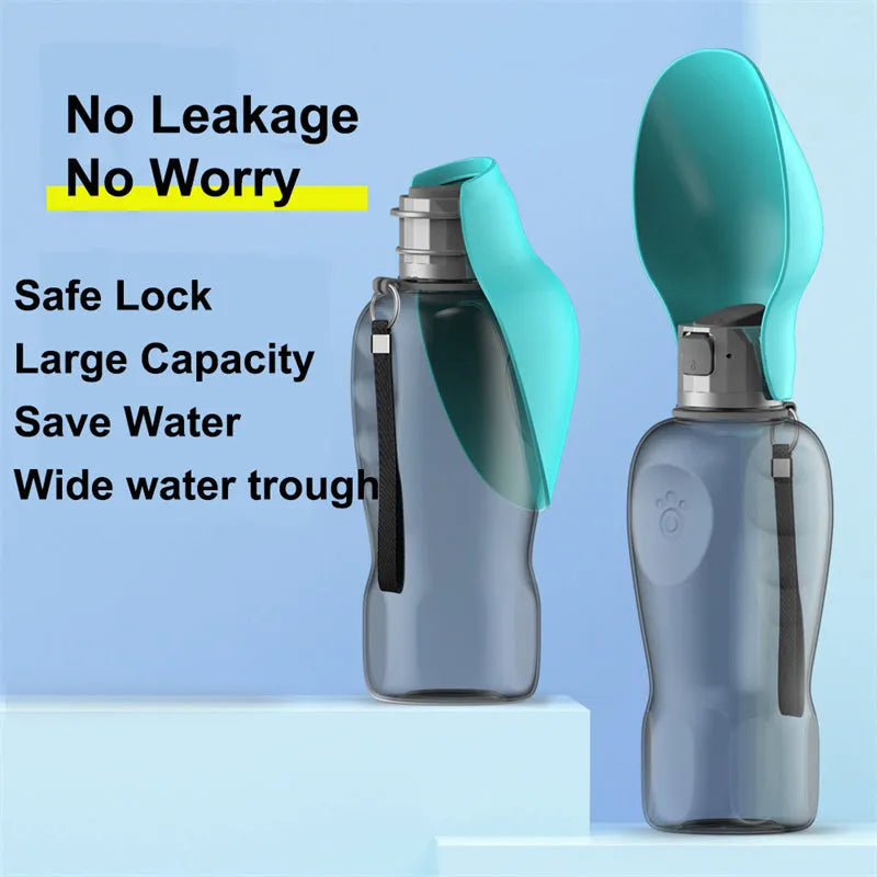 Blue-grey foldable dog water bottle with drinking trough open, showing wrist strap and lock key.