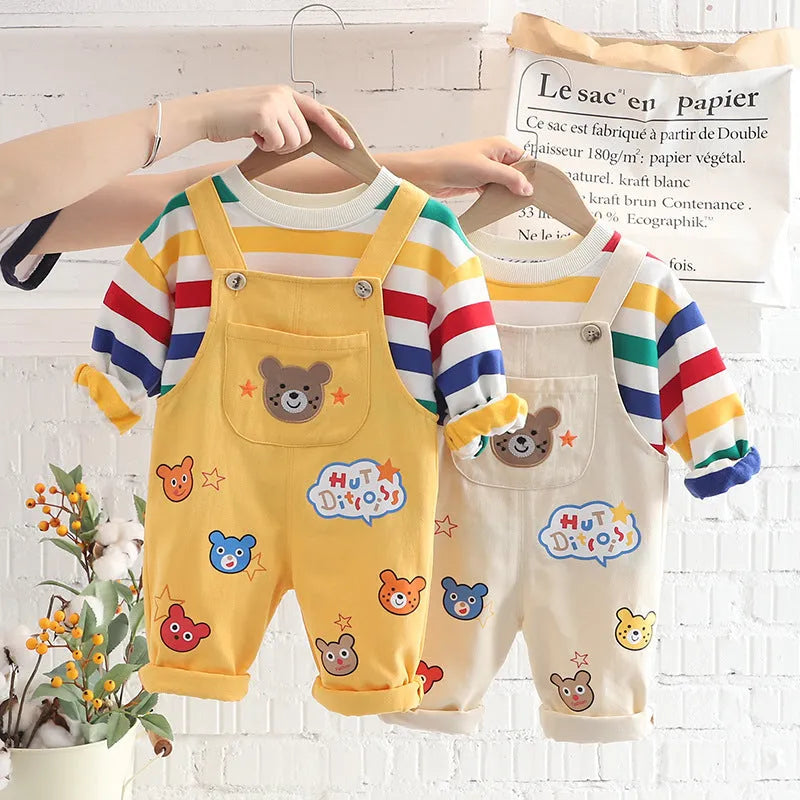 Boys' plaid top overalls suit in yellow and milky white cotton shirt and pants set for heights 80-120cm