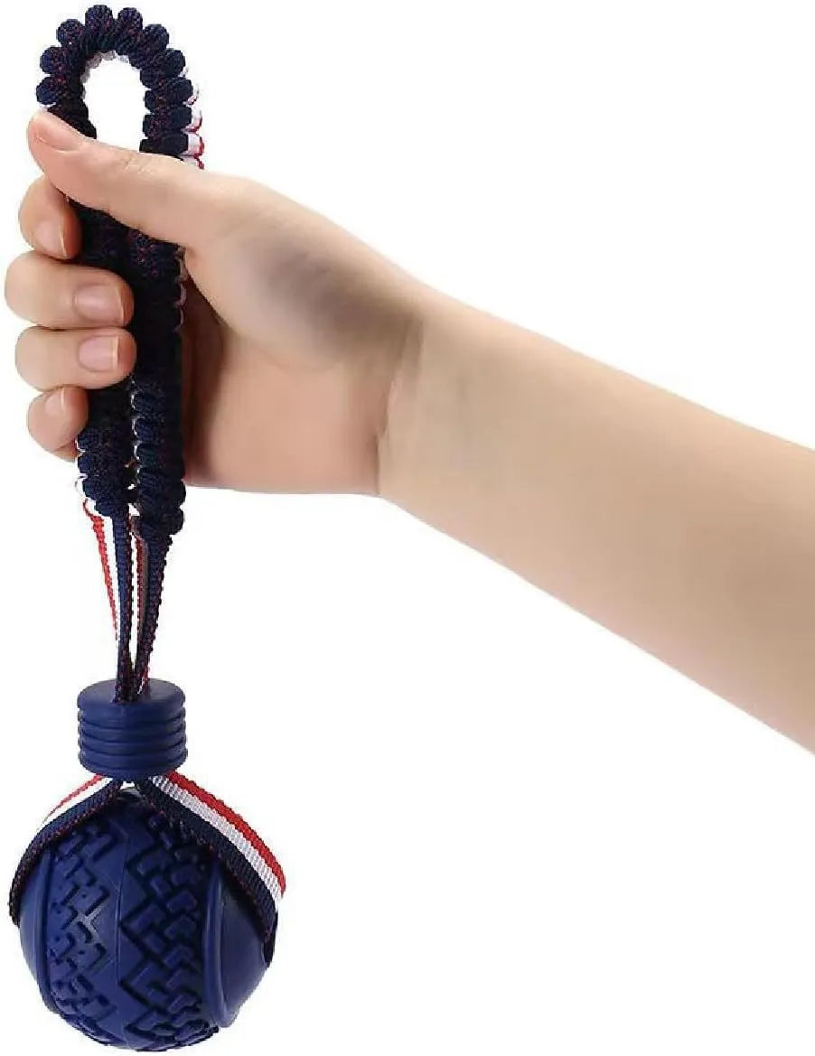 Blue and red durable rubber dog ball attached to a rope toy for small medium dogs