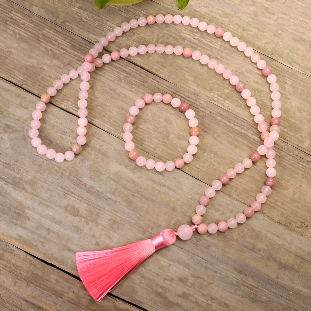 Stone bead yoga necklace and bracelet set with long fringe drop pendant on adjustable ball chain