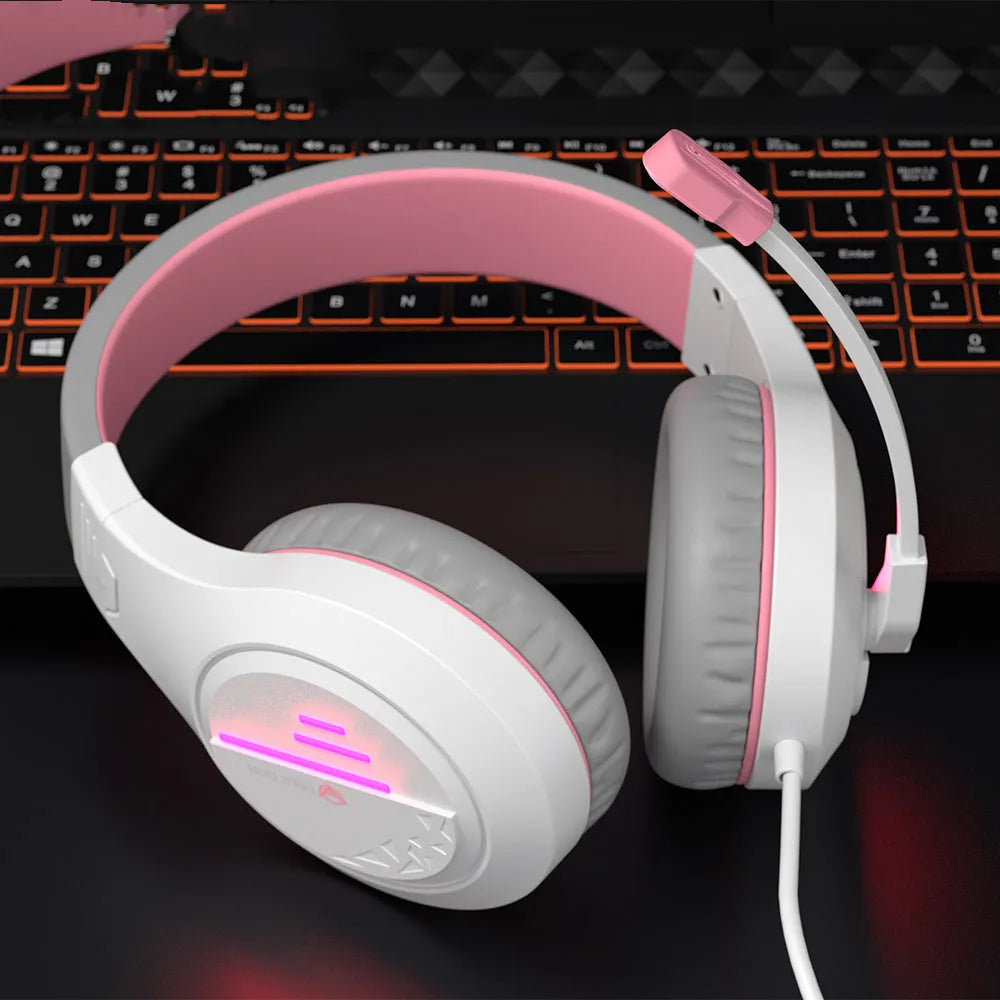 Lightweight backlit gaming headset with adjustable headband, shown in black orange colour.