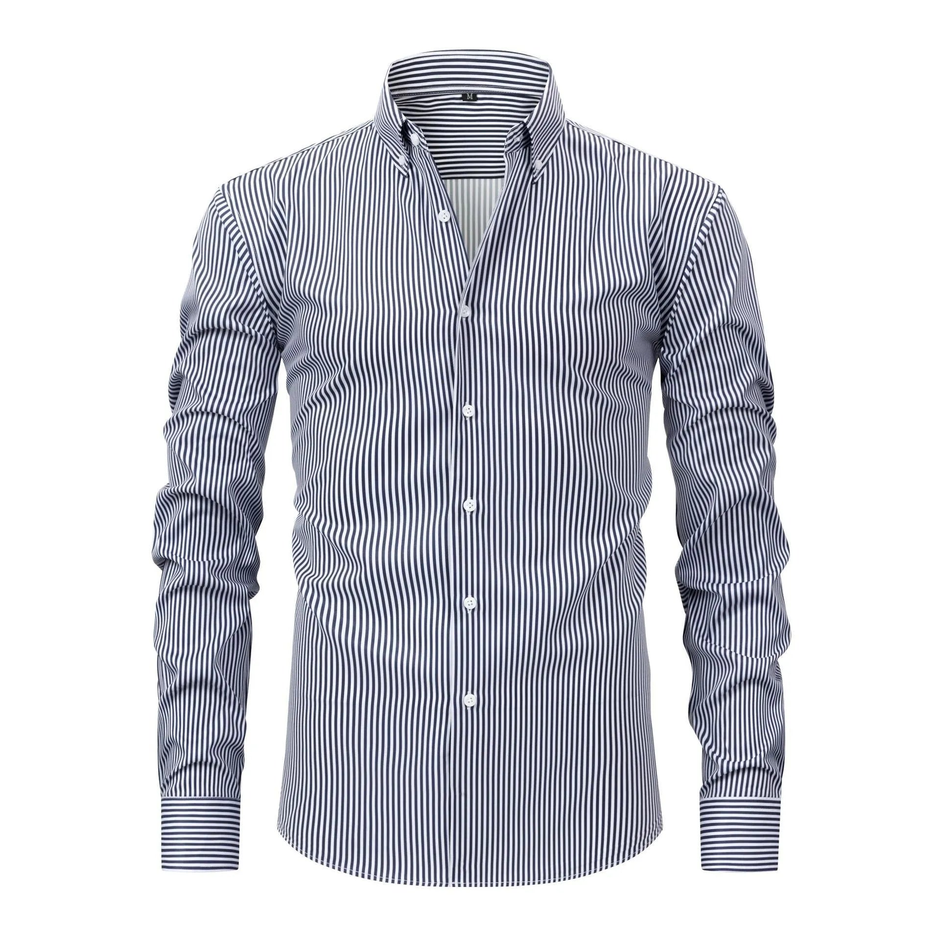 Men's striped long-sleeved business shirt with lapel collar in non-iron fabric