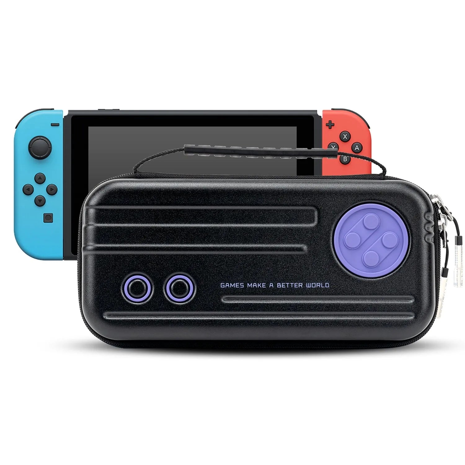 Nintendo Switch storage clutch case in grey with handle, showing game cartridge slots.