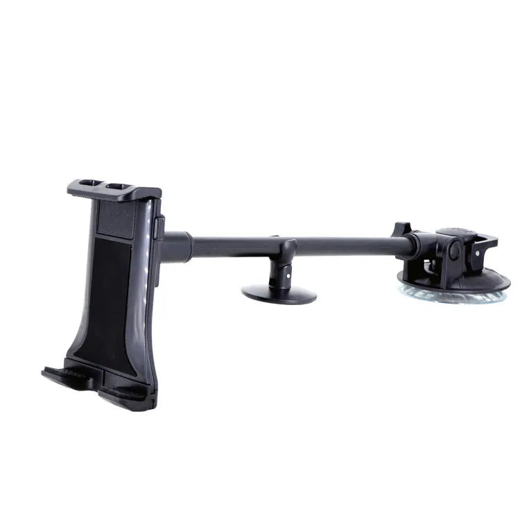 Black universal car tablet holder with long arm and suction cup mount for 4-12 inch devices.