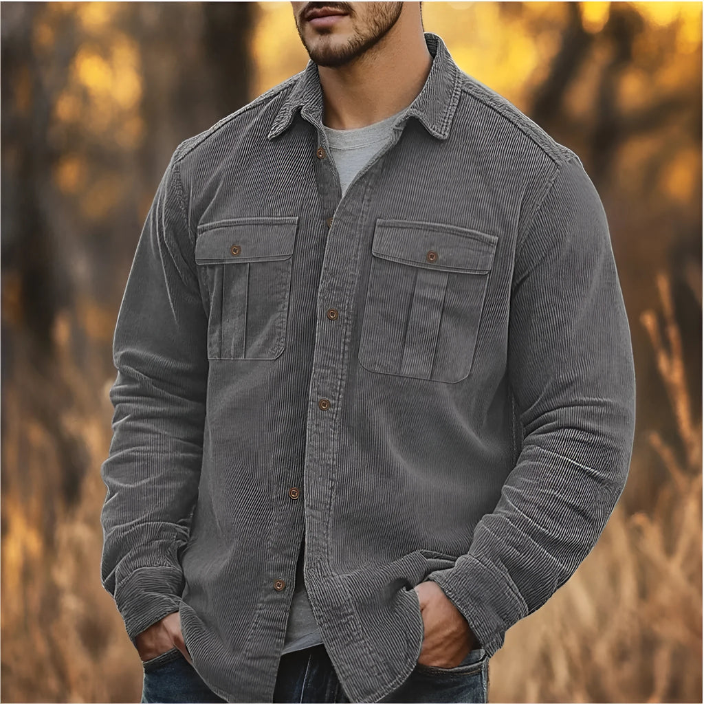 Men's loose fit corduroy shirt in army green colour with long sleeves and retro styling