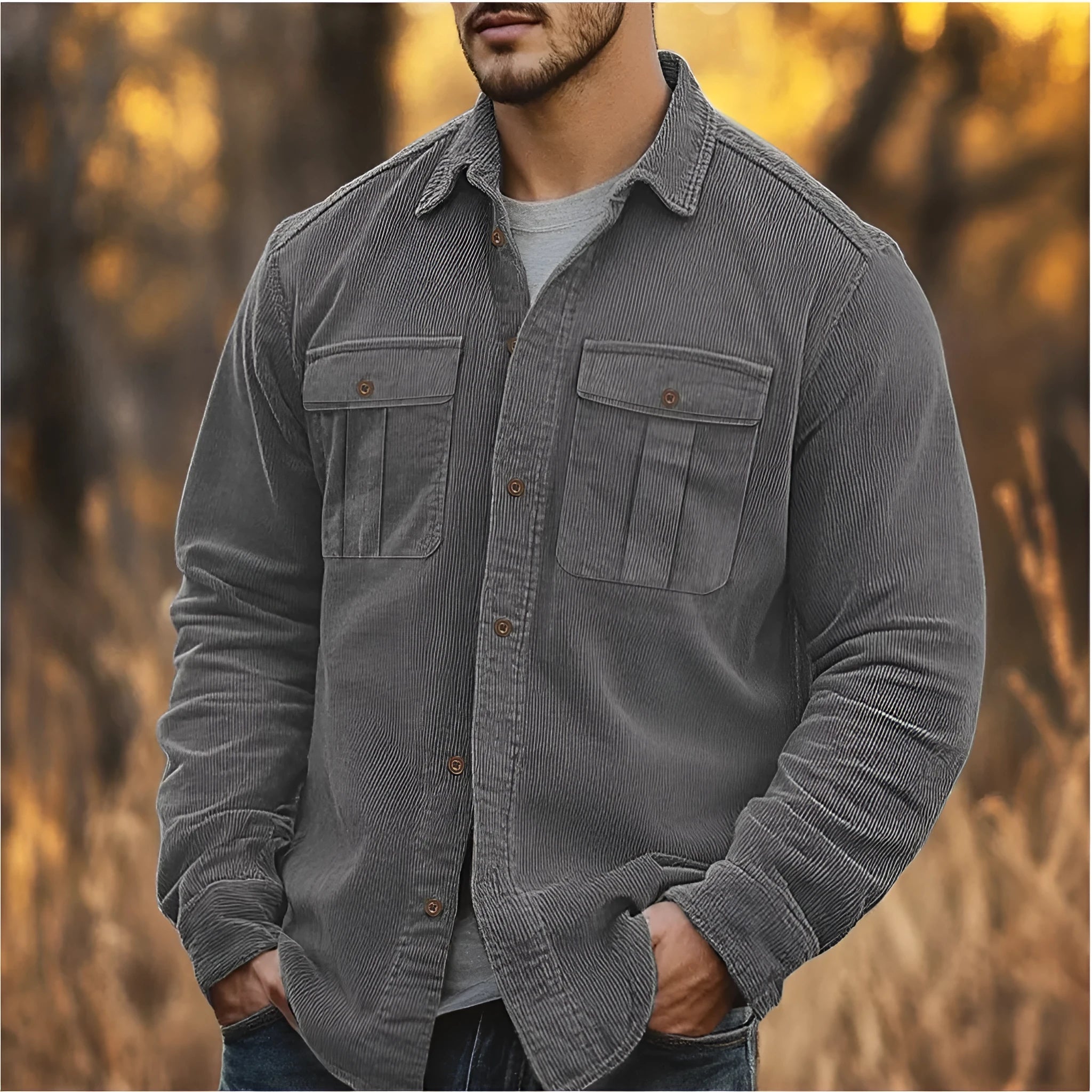 Men's loose fit corduroy shirt in army green colour with long sleeves and retro styling