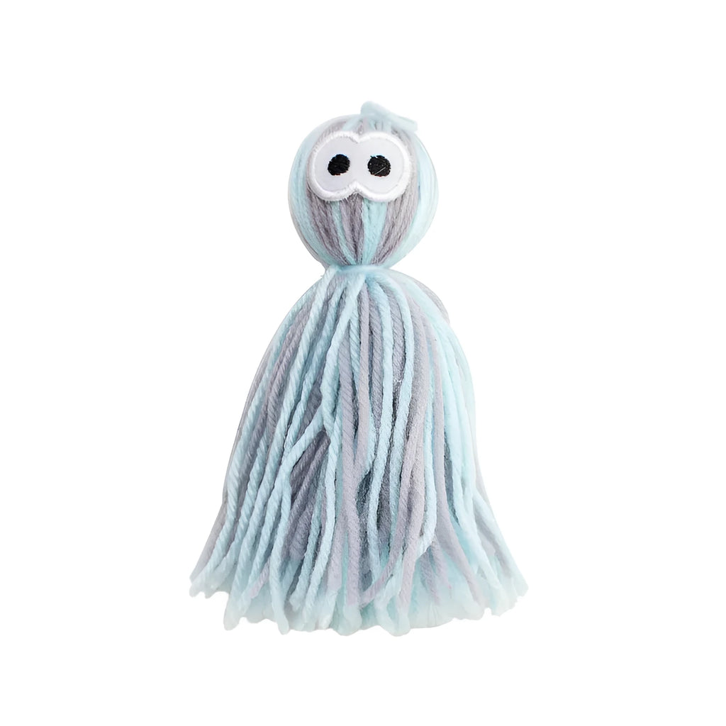Wool ball cat toy hanging with blue grey colour and 10cm dimensions for teeth grinding play