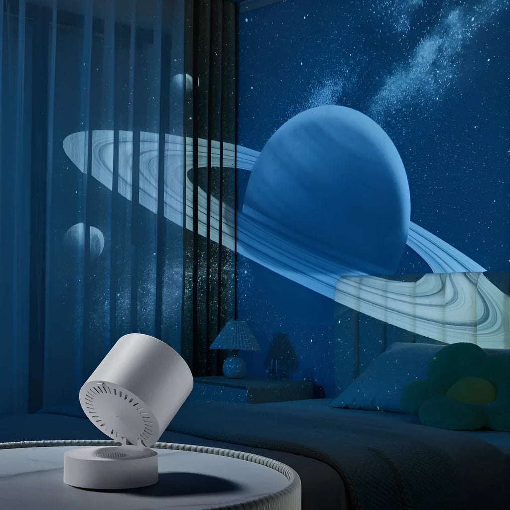 White rechargeable starry sky projection lamp with Bluetooth speaker, rotating star field, USB charging