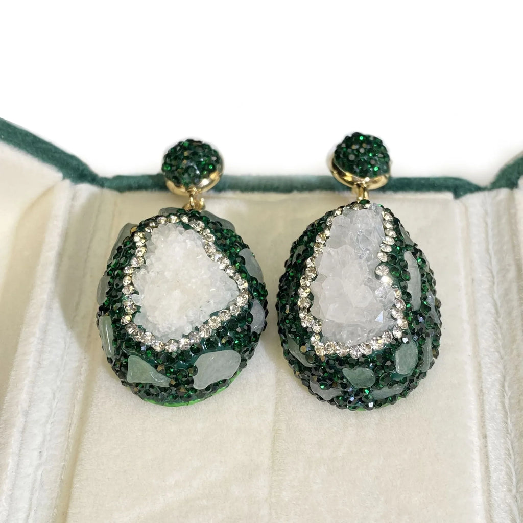 Dark green copper drop earrings with crystal bud and inlaid emerald, geometric style for women