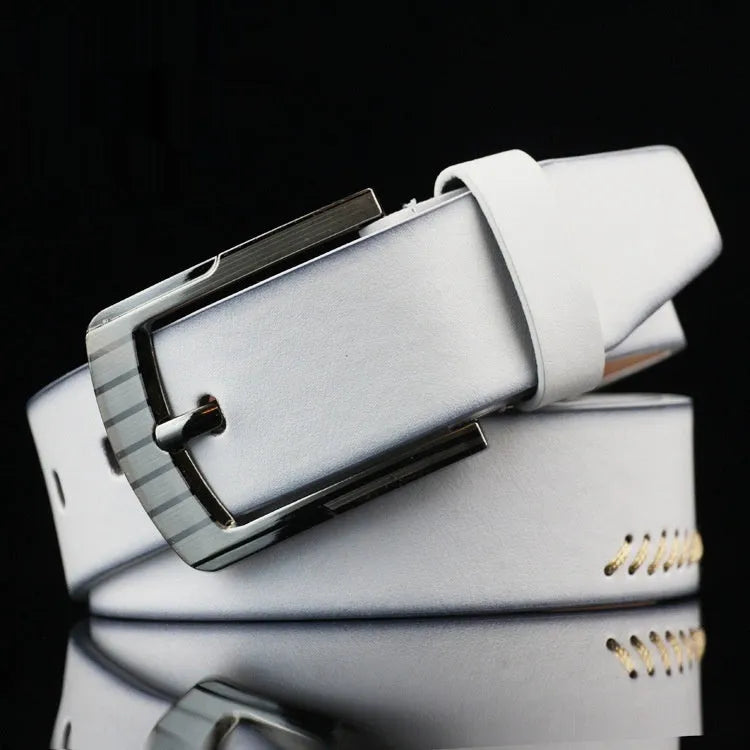 Men's threading casual belt with alloy pin buckle in imitation leather