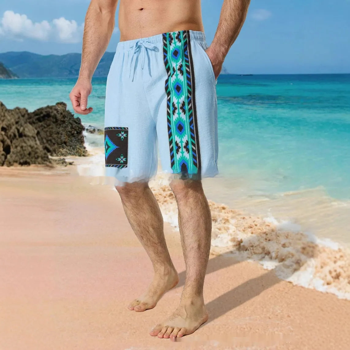 Men's blue colour block digital print casual shorts with drawstring waist and loose fit