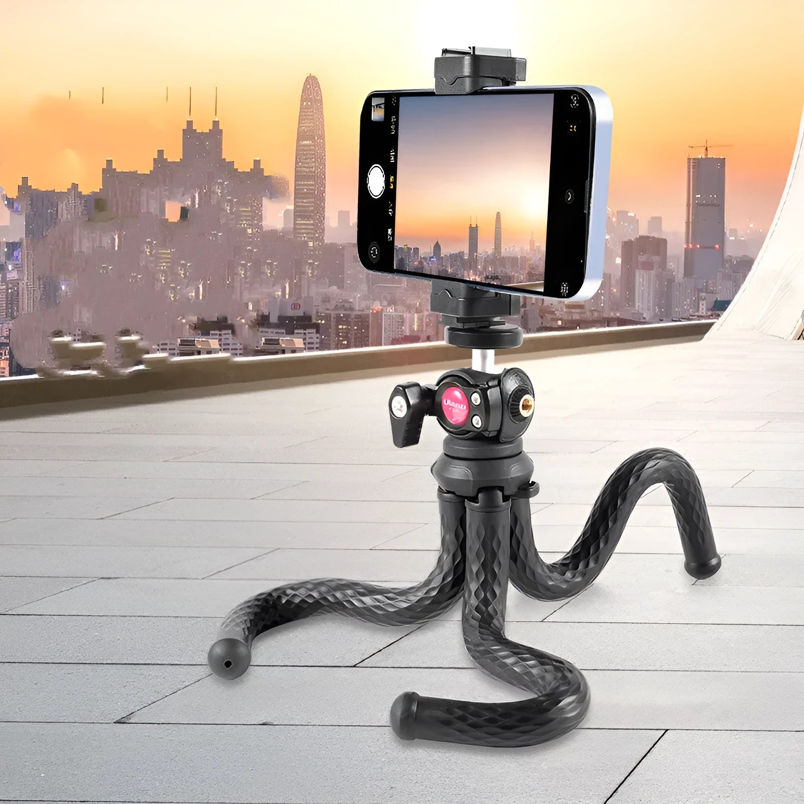 Black FT01 octopus tripod with flexible legs and a silver mobile phone clip attached, extended to 360mm.