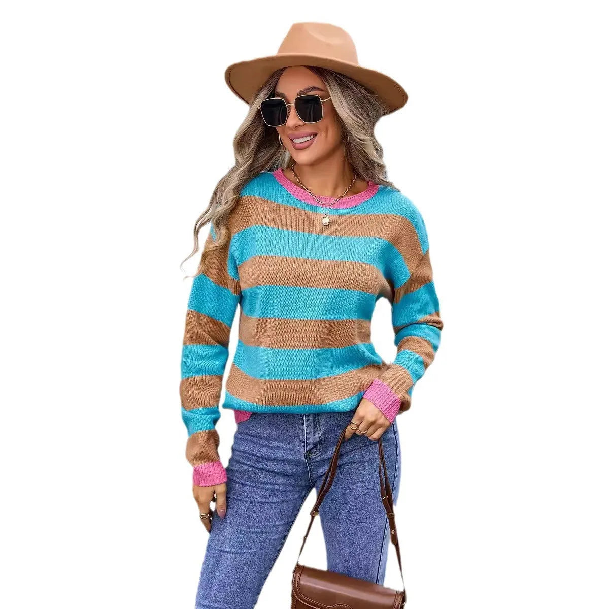 Women's loose blue acrylic sweater with striped pattern and round neck.