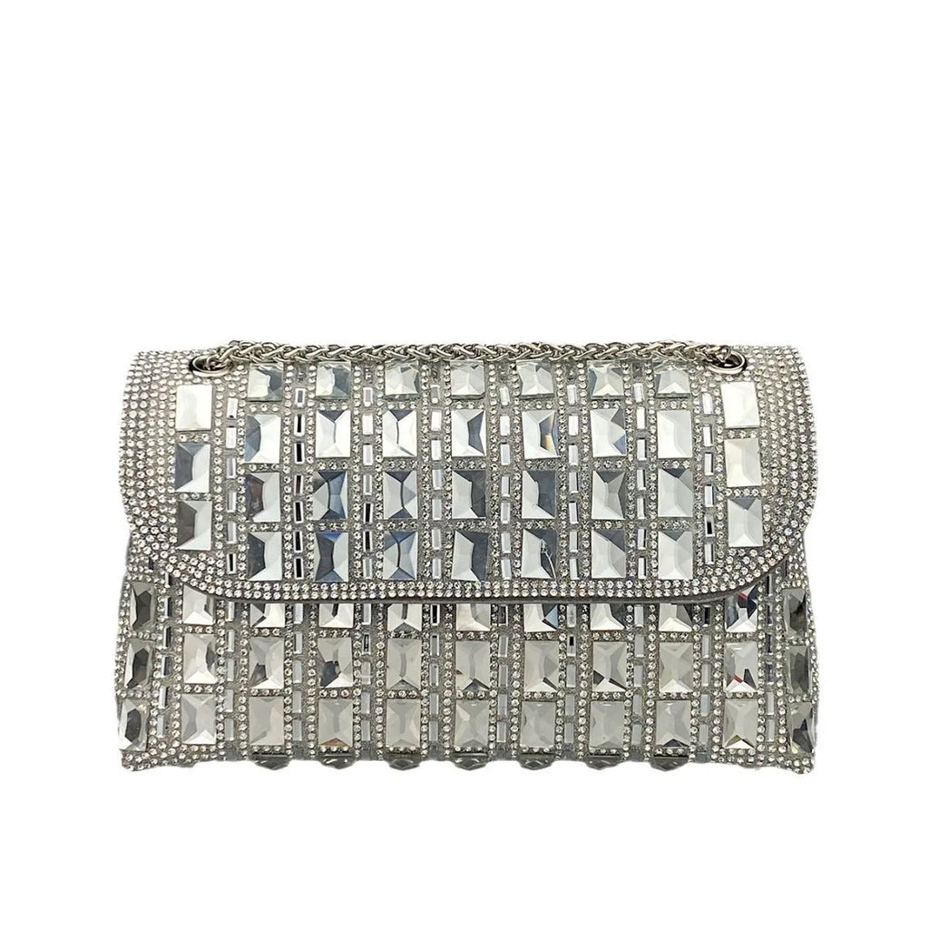 Shiny glass rhinestone chain clutch bag in horizontal square shape with open pocket