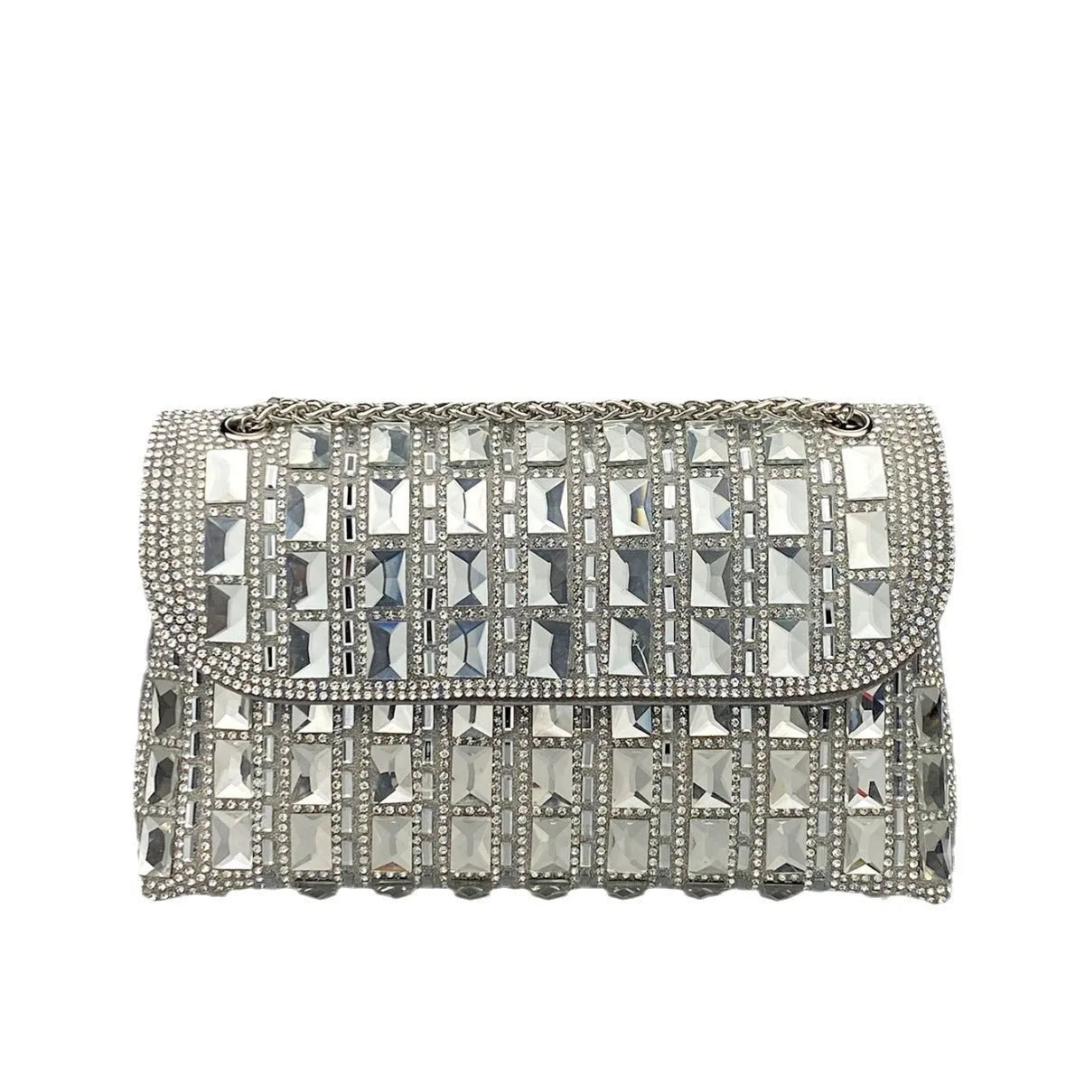 Shiny glass rhinestone chain clutch bag in horizontal square shape with open pocket