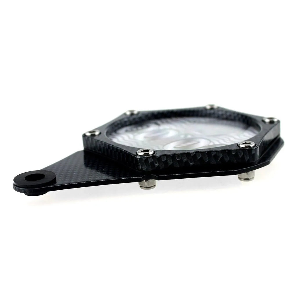 Black carbon fibre pattern aluminium alloy motorcycle tax disc holder with waterproof seal