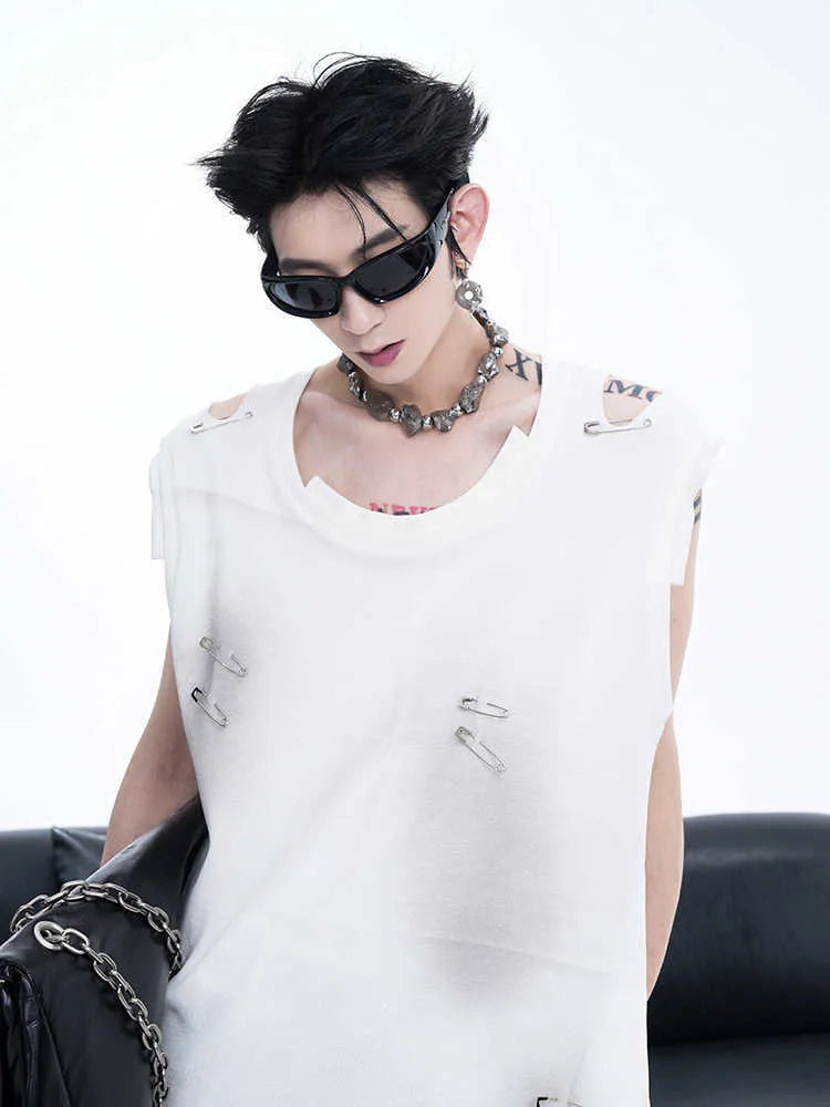 Men's black sleeveless T-shirt with waistcoat styling and irregular cut design