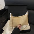 Straw woven shoulder tote bag in horizontal square shape with sandwich pocket and mobile phone compartment