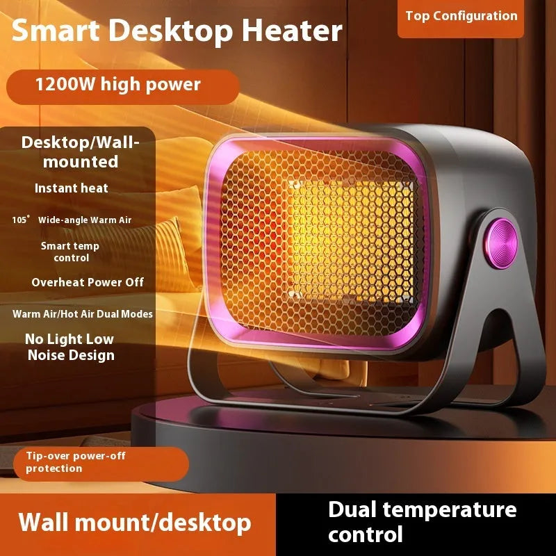White compact desktop electric heater with rotatable base and push-button controls on front.