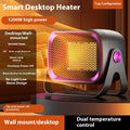 White compact desktop electric heater with rotatable base and push-button controls on front.