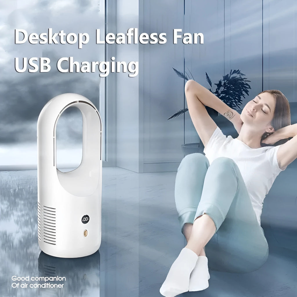 USB rechargeable bladeless desktop fan with LED display on a desk