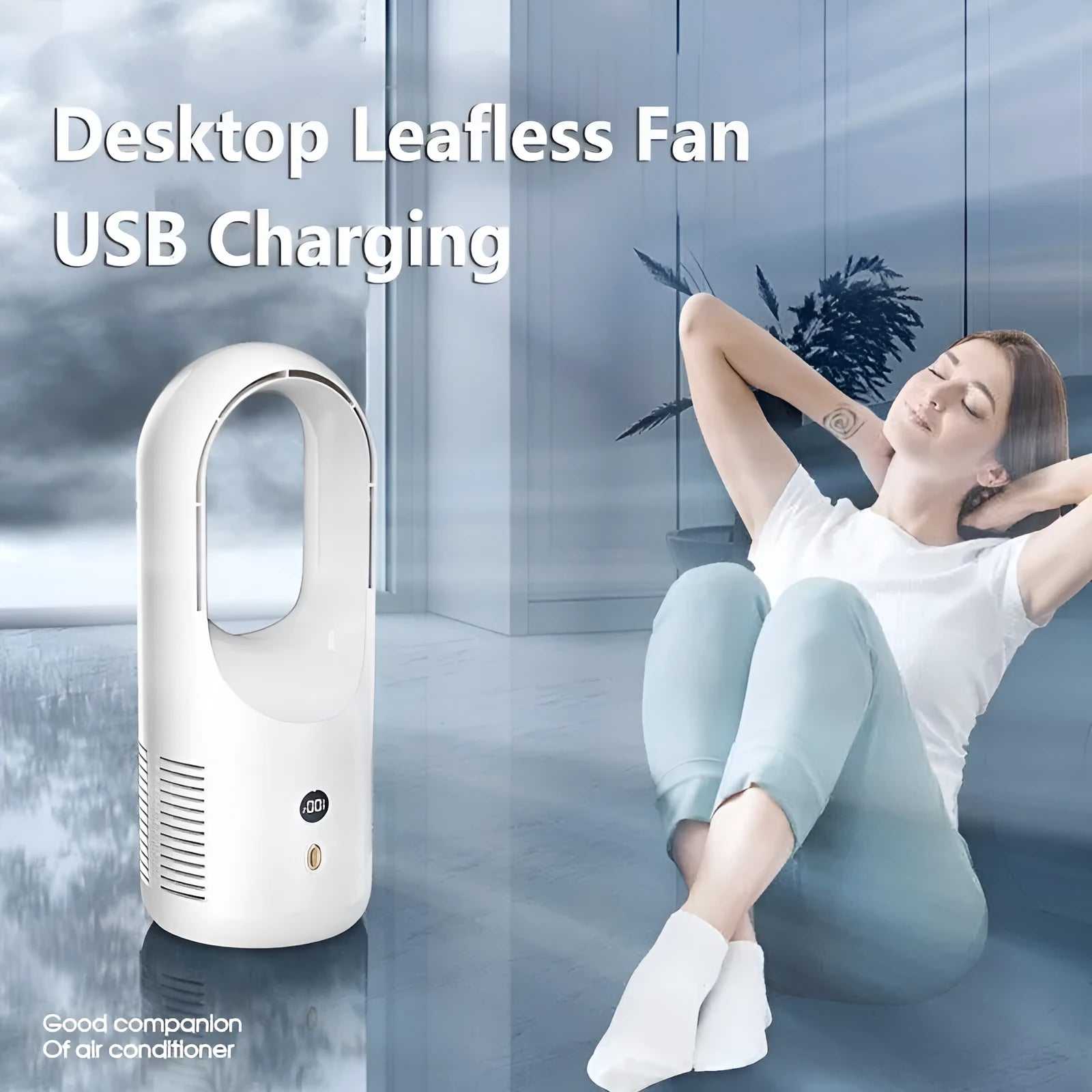 USB rechargeable bladeless desktop fan with LED display on a desk