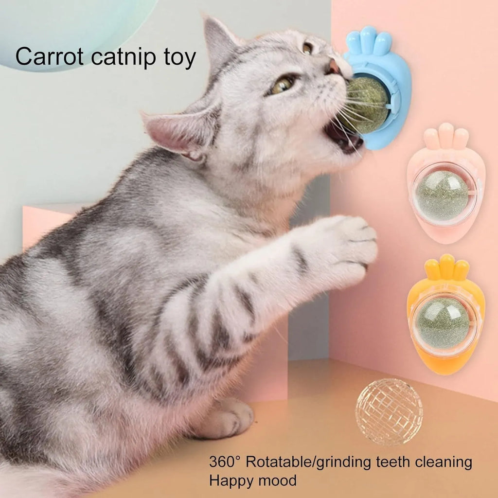 Blue carrot-shaped catnip ball with self-adhesive sticker for wall mounting and cat dental cleaning