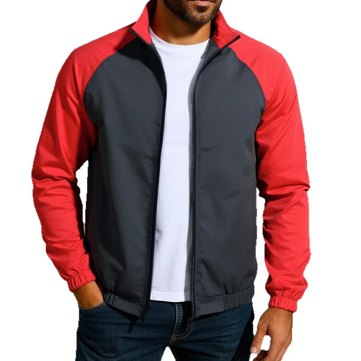 Man wearing a green stand collar casual jacket with raglan sleeves.