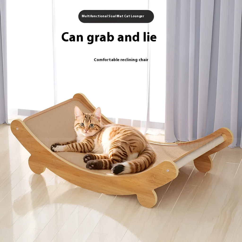 U-shaped sisal cat scratch board lounge chair nest for cats, shown in a pastoral style.