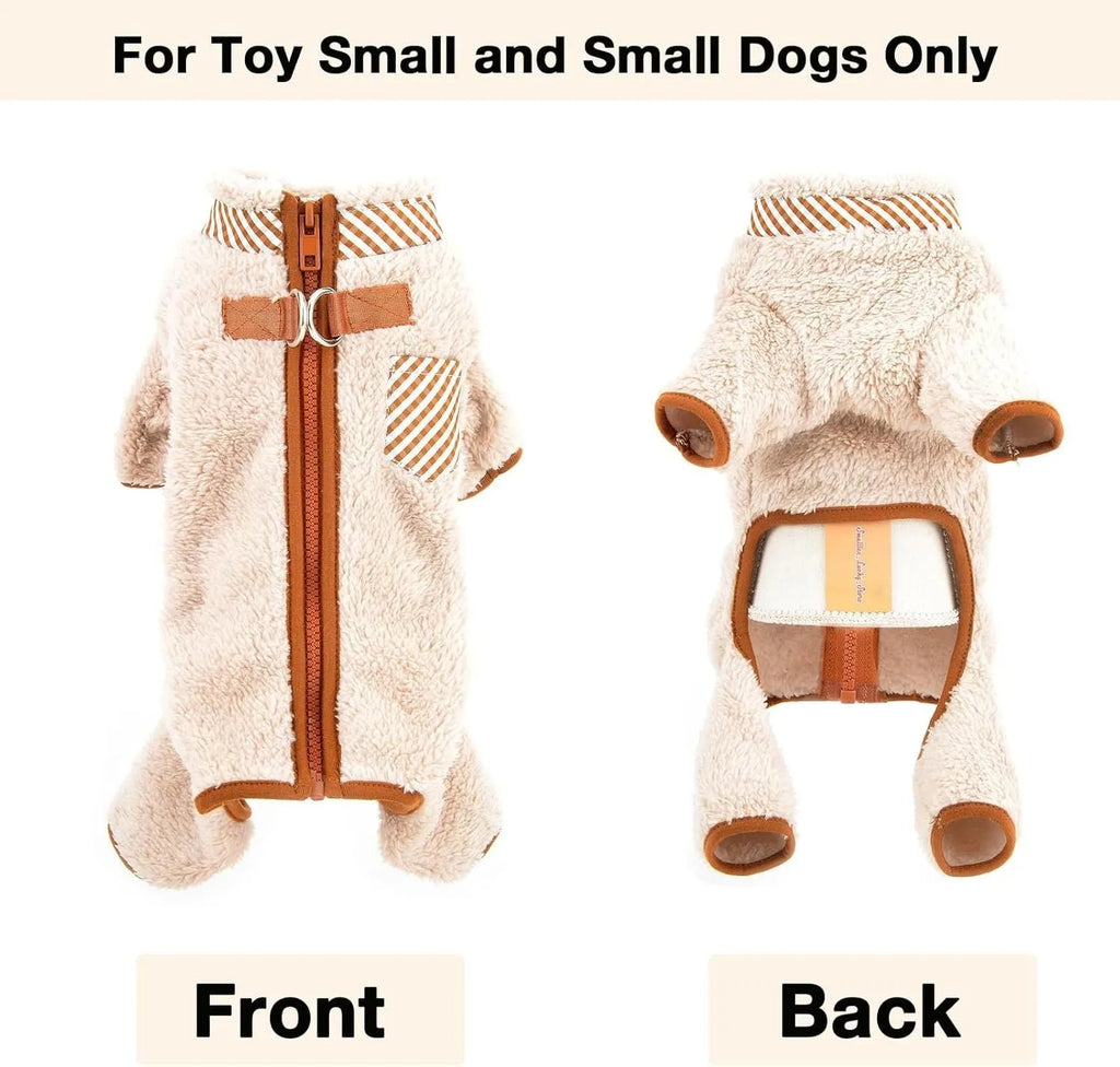 Green fleece dog coat with back zipper and D-rings on small dog