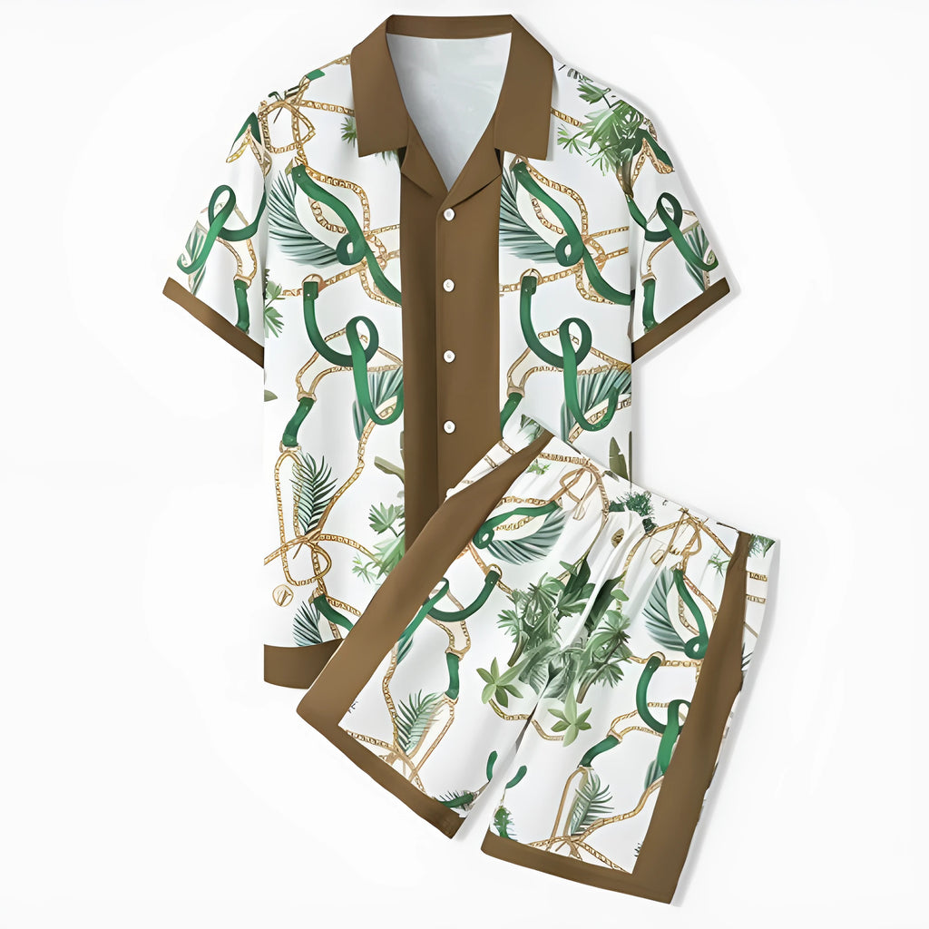 Men's plaid short-sleeve shirt and trouser beach outfit on a hanger.