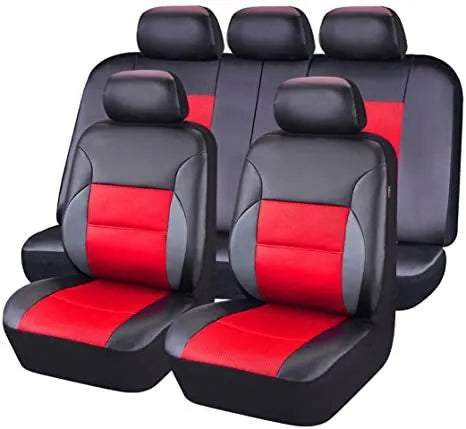 Artificial leather car seat cover set in multiple colours showing front seat, headrest, and back seat pieces.