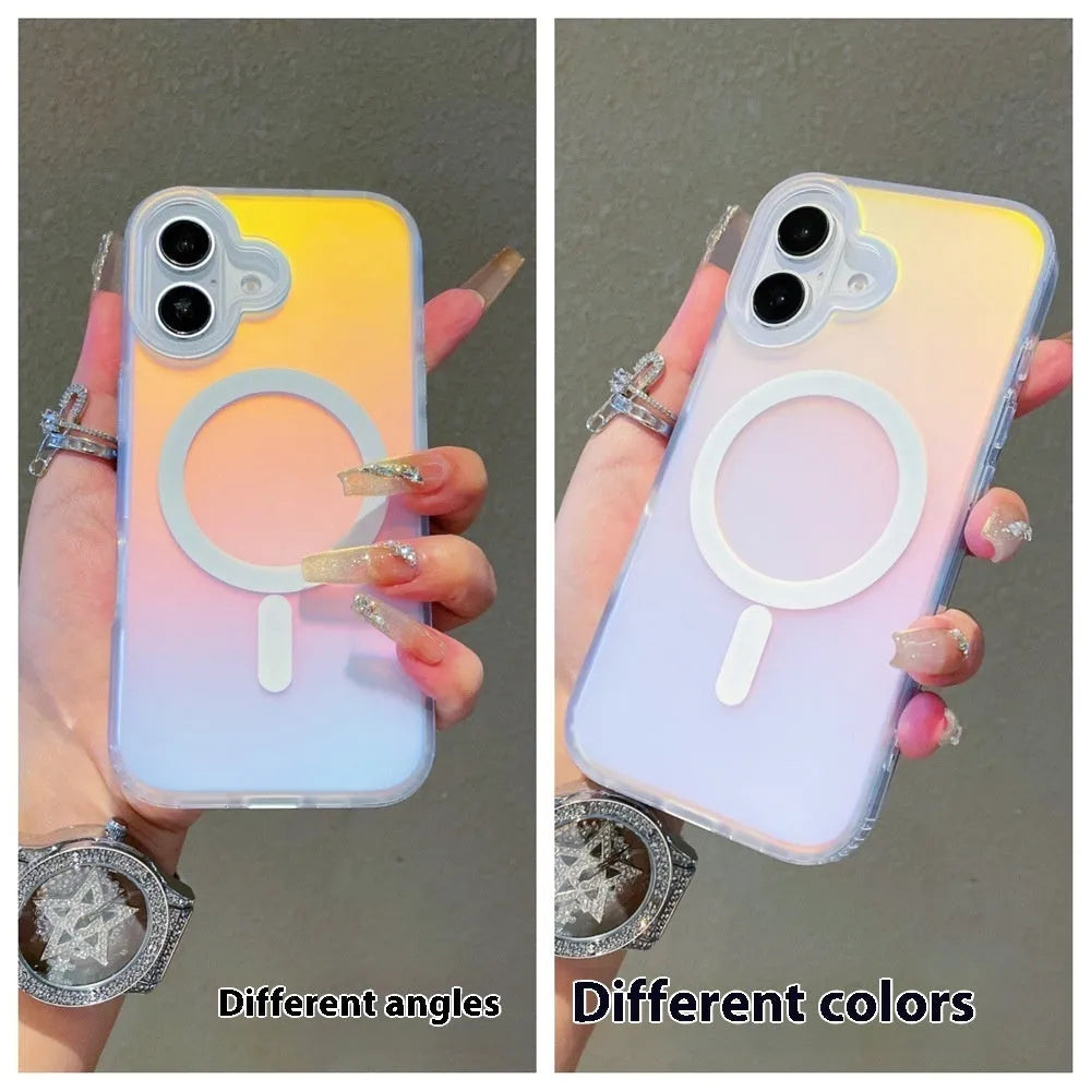 Laser gradient frosted magnetic back cover case for iPhone 17 series on a phone.