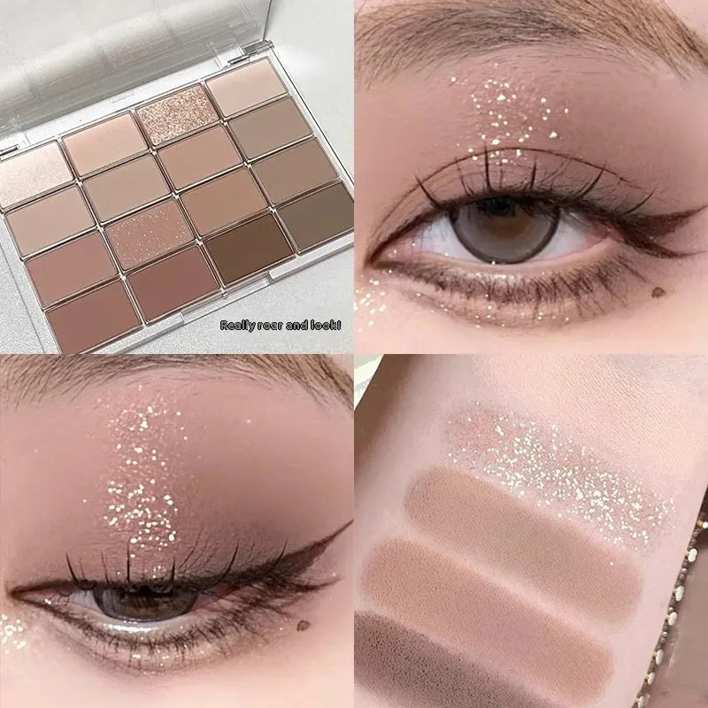 Crouching Silkworm 16-colour eyeshadow palette showing pink and brown shimmer and matte shades
