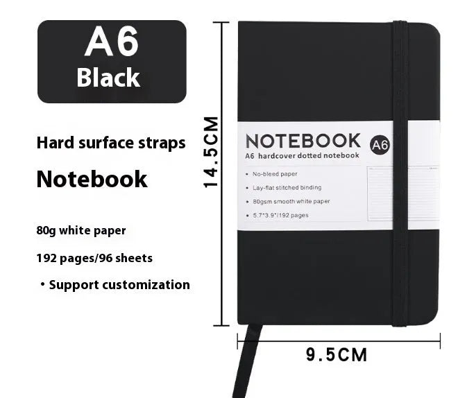 A5 soft touch PU leather notebook open on lined pages, shown in multiple colour options.