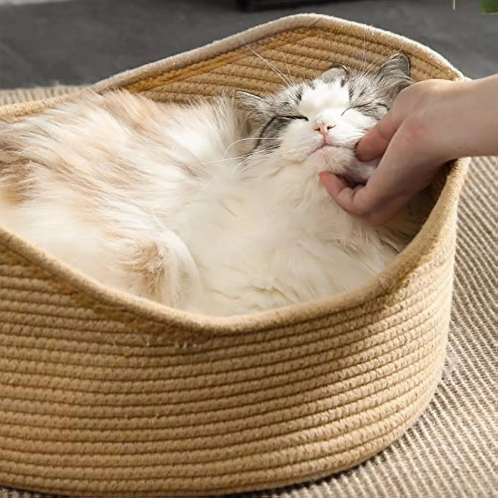 Wicker cat bed basket with built-in corrugated scratching board, shown in two available sizes for cats.