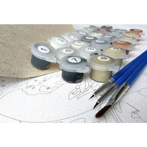 Scared or Surprised Cat painting by numbers DIY kit with acrylic paints, brushes, and canvas.
